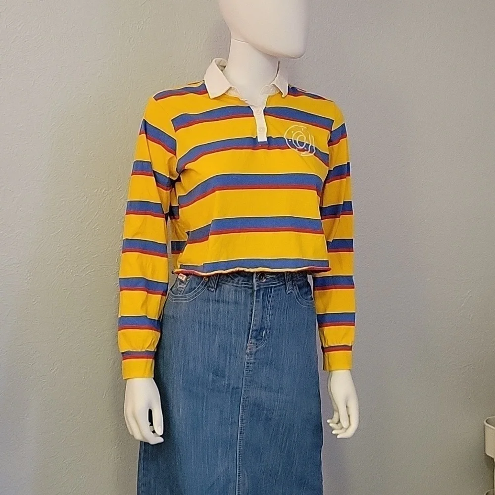 VTG ODD FUTURE Canary Yellow Striped Cropped Long Sleeve Baddie Rugby Shirt - Picture 2 of 7
